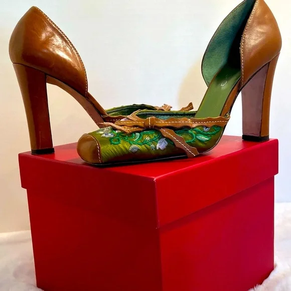 Lime Green Satin Brown Leather Hi Heels 5”  Lilac Floral Embroidery Sq.Toe 7 1/2 - Picture 11 of 14